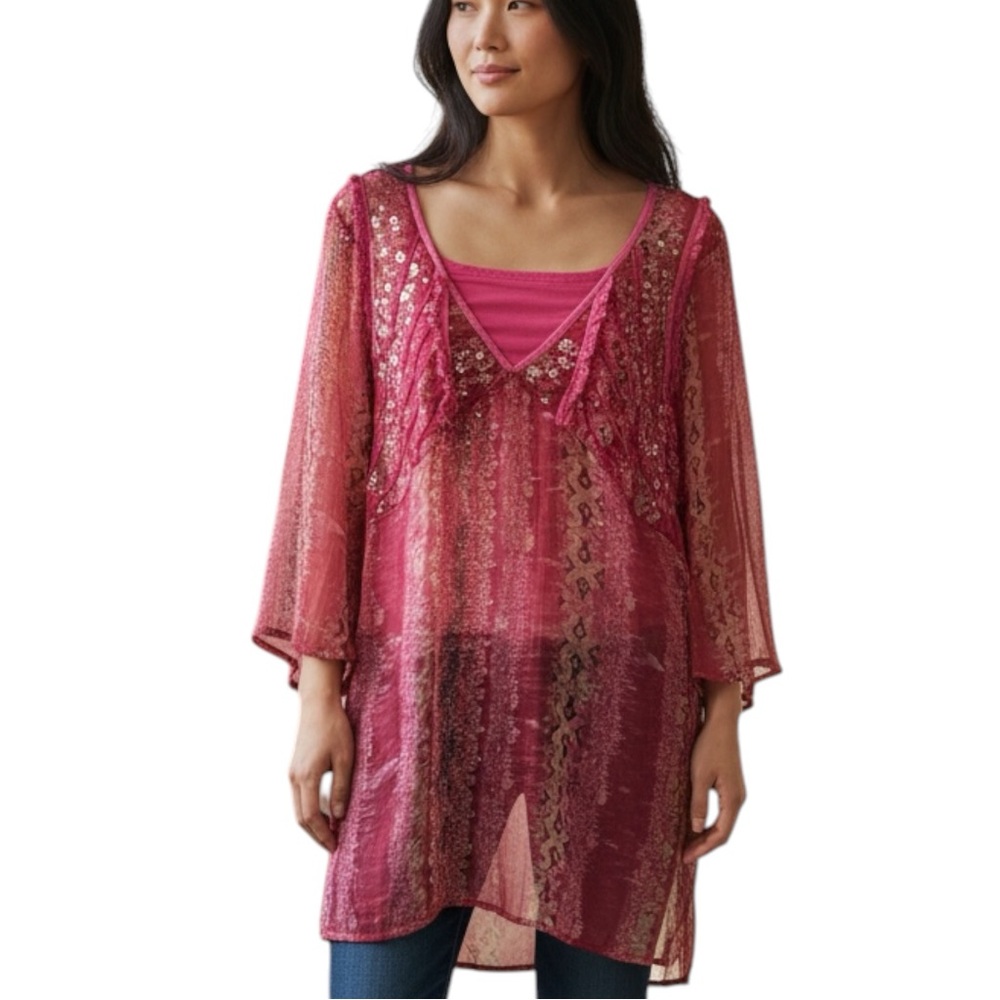 VTG Bill Blass Jeans Wear Woman Sheer Pink Print Embellished Pullover Tunic - 2X